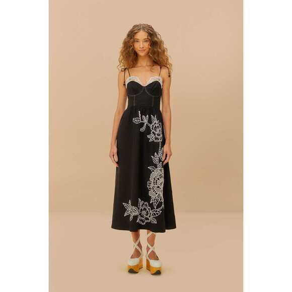 FARM Rio Dresses & Skirts - Black Richelieu Lace Euroflax™ Premium Linen Midi Dress